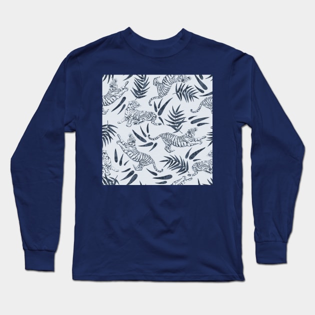 Tigers and Bamboo Leaves in Blue Long Sleeve T-Shirt by matise